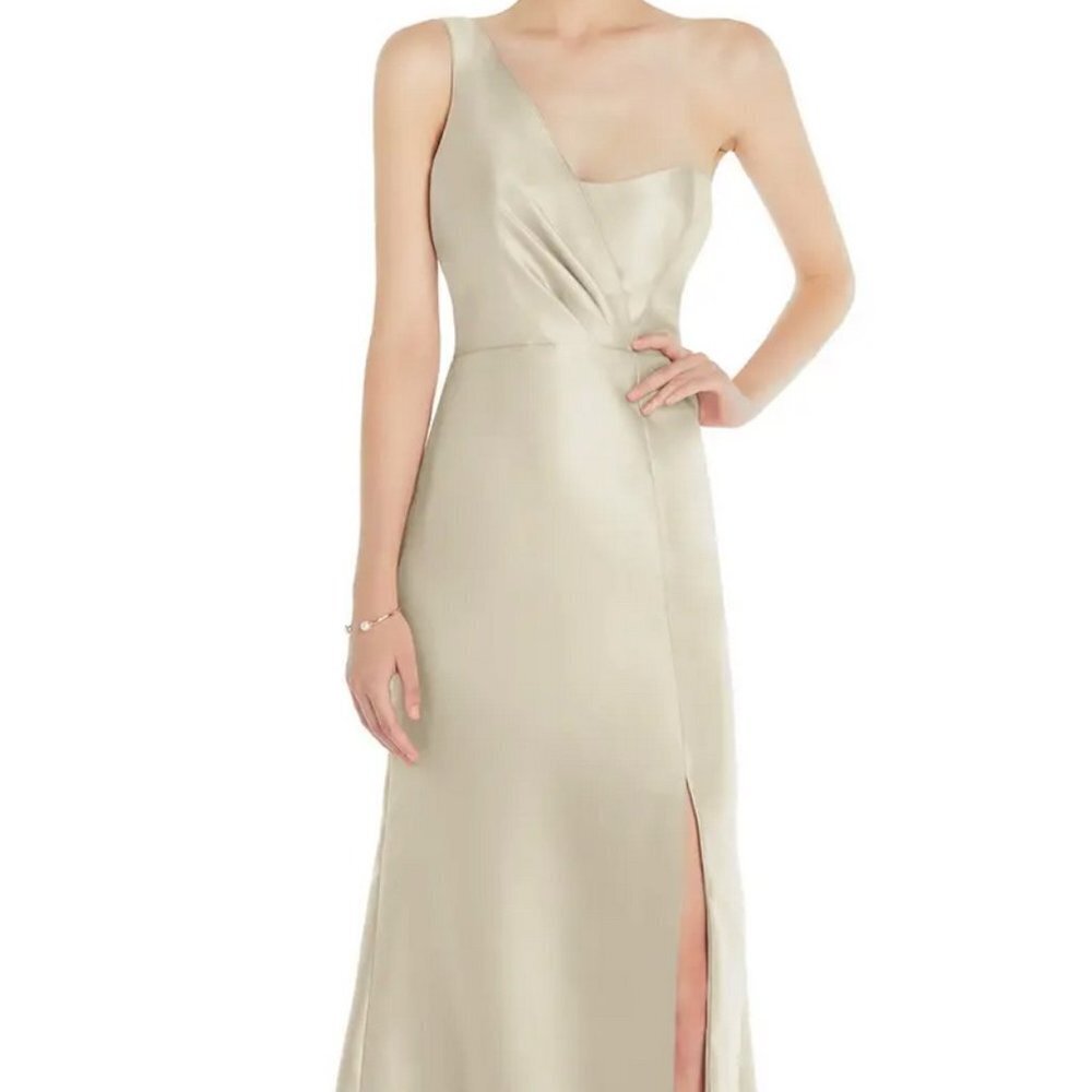 Alfred Sung Champagne Draped One-Shoulder Satin Trumpet Gown D827
